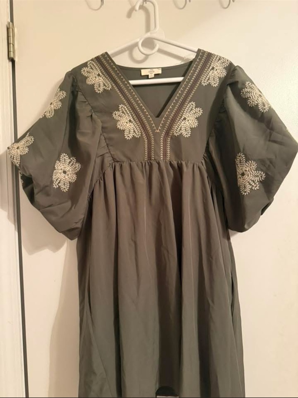 Embroidered Olive V-Neck Boho Dress